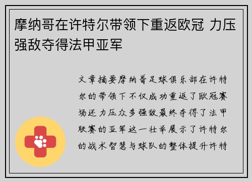 摩纳哥在许特尔带领下重返欧冠 力压强敌夺得法甲亚军 摩纳哥在许特尔带领下重返欧冠 力压强敌夺得法甲亚军