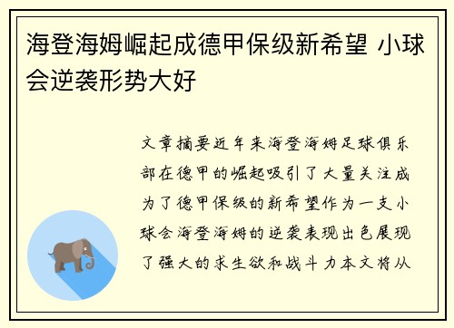 海登海姆崛起成德甲保级新希望 小球会逆袭形势大好 海登海姆崛起成德甲保级新希望 小球会逆袭形势大好